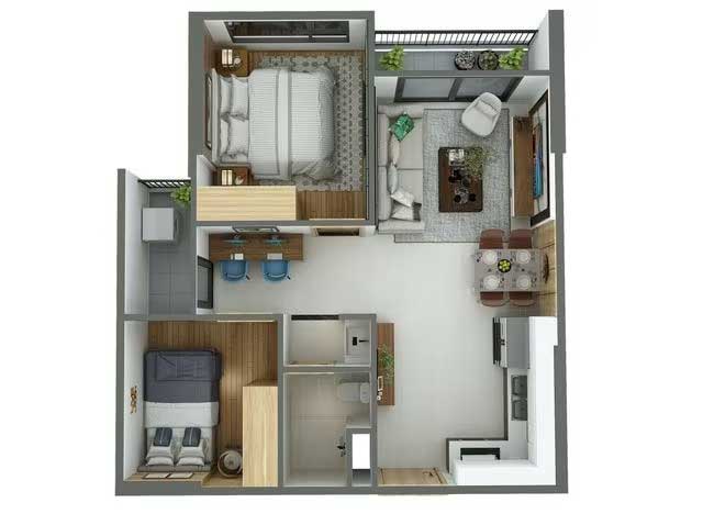 thiết kế căn hộ hai phòng ngủ