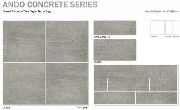 Các mẫu gạch TKG G68118, G63118 và GC600x196-118 trong BST Ando Concrete Series