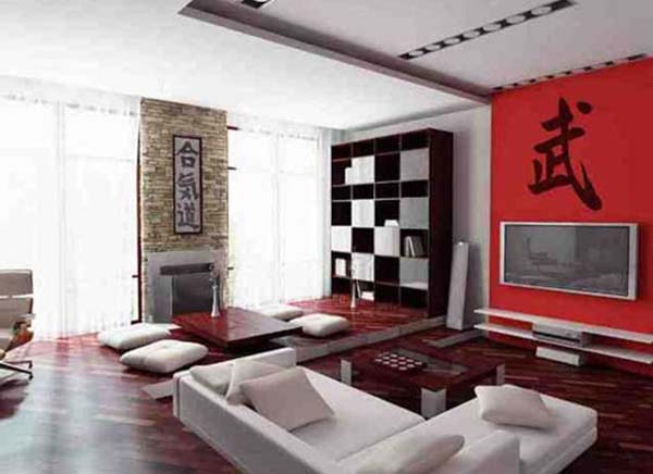 Sử dụng gạch lát nền giả gỗ màu đỏ giúp tạo ấn tượng cho không gian phòng khách