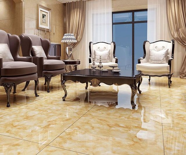 Phối đồng tông gạch màu vàng vân đá cho phòng khách hơi hướng cổ điển