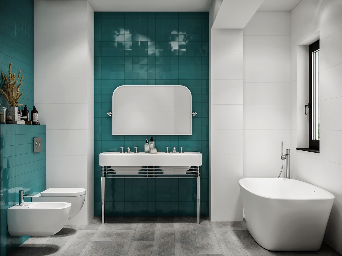 Phòng tắm ấn tượng với tông màu xanh - trắng đối lập