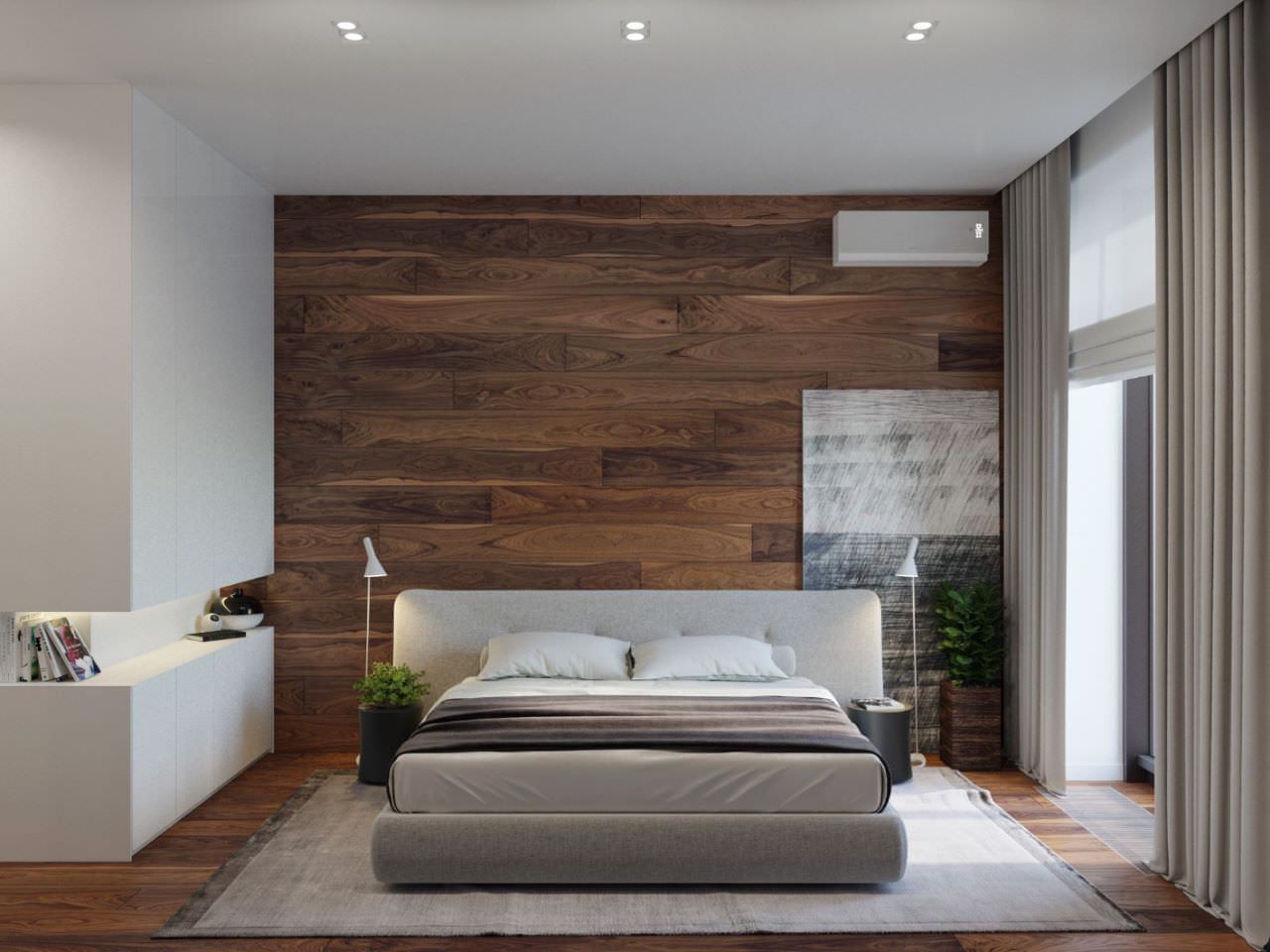 Gạch ốp tường phòng ngủ vân gỗ màu nâu đậm trầm ấm