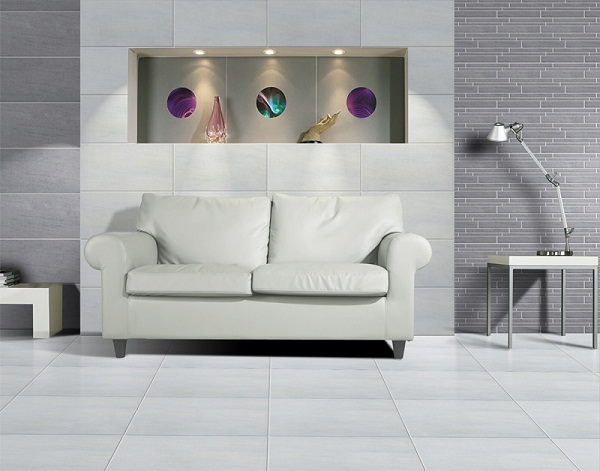 Gạch ốp Taicera G63215 màu xám kết hợp với gam màu đồ nội thất tạo phòng khách sang trọng và mạnh mẽ