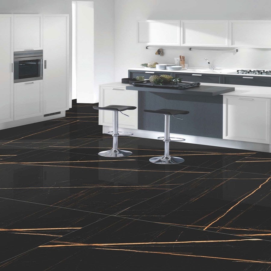 gạch đen vân vàng lát nhà bếp