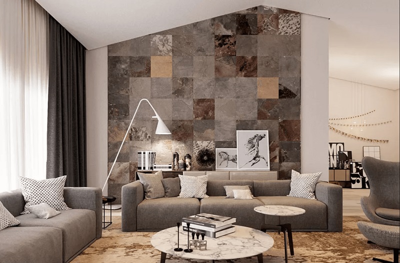 Mảng tường ốp gạch đan xen màu